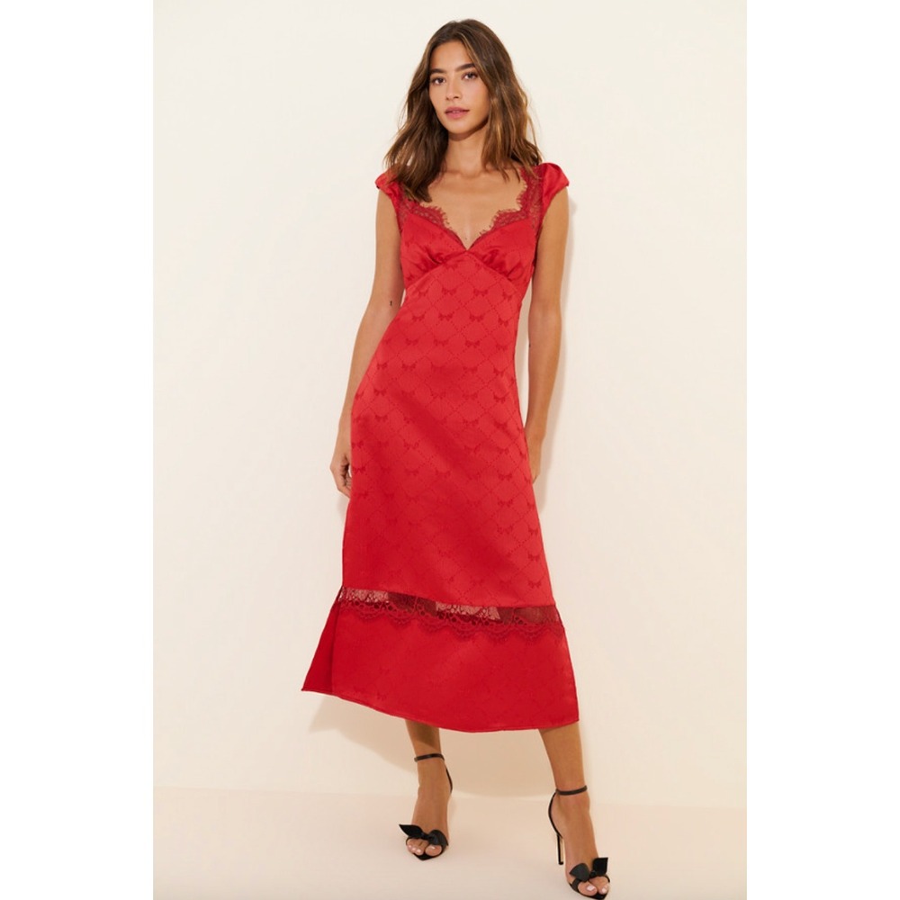 Free People Foolish Heart Midi Dress S Red Bow Jacquard Lace Romantic Coquette
